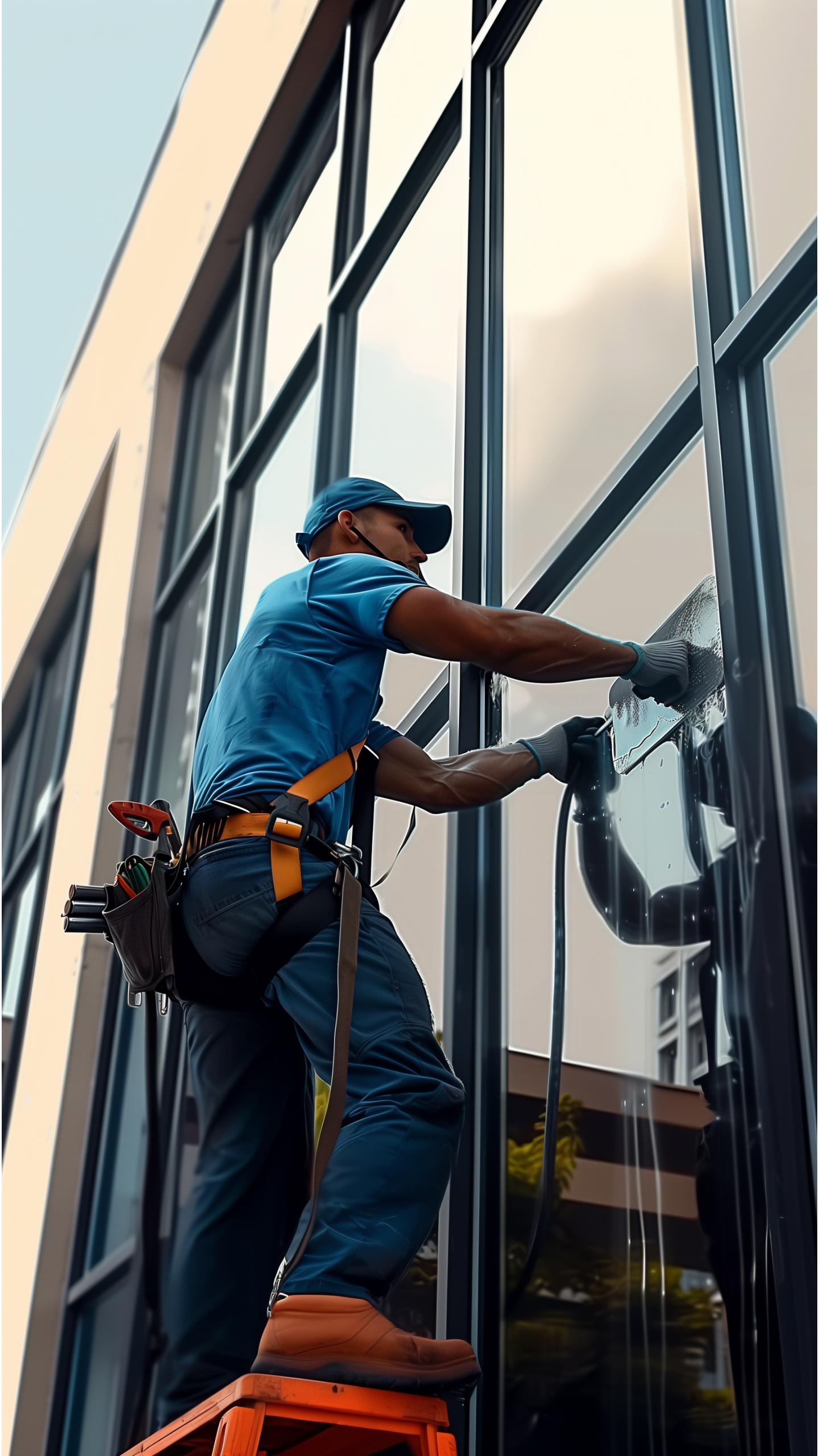 A worker in a blue uniform uses a tool to clean or maintain a large glass window while standing on an orange ladder. The scene features modern building architecture with large windows.